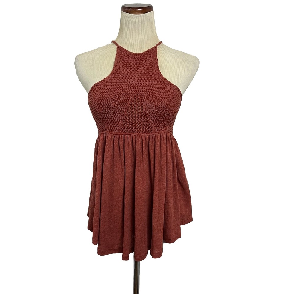 Free People Road Trip Tank Top Womens XS Brown Crochet Halter Open Back Peplum